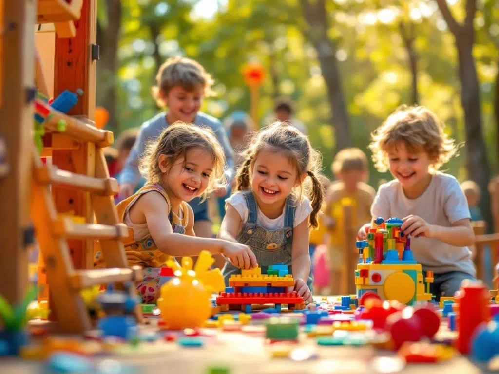 Kinderen spelen vrolijk met kleurrijk speeltoestel in buitenspeeltuin met natuurlijk zonlicht door bomen