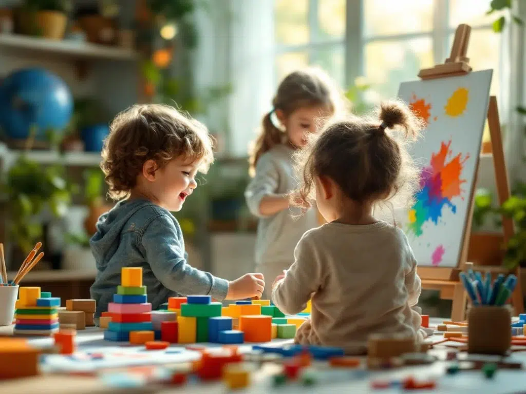 Drie kinderen spelen creatief: bouwen met blokken, schilderen op ezel en knutselen in zonnige speelkamer
