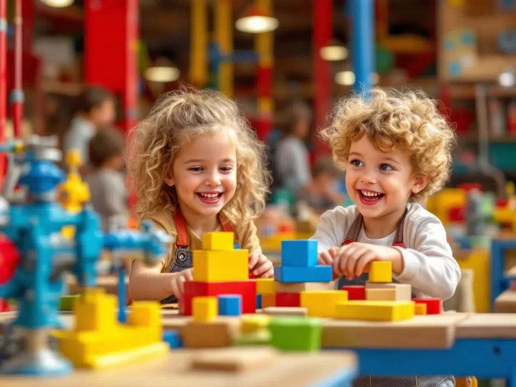 Vrolijke kinderen bouwen met kleurrijke blokken en maken kunst in interactieve speelruimte met rode, blauwe en gele stations.