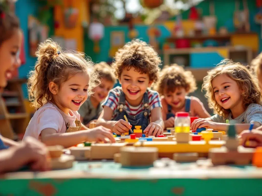 Kinderen spelen samen met kleurrijke houten speeltoestellen in een interactief ontdekkingspark met educatieve activiteiten