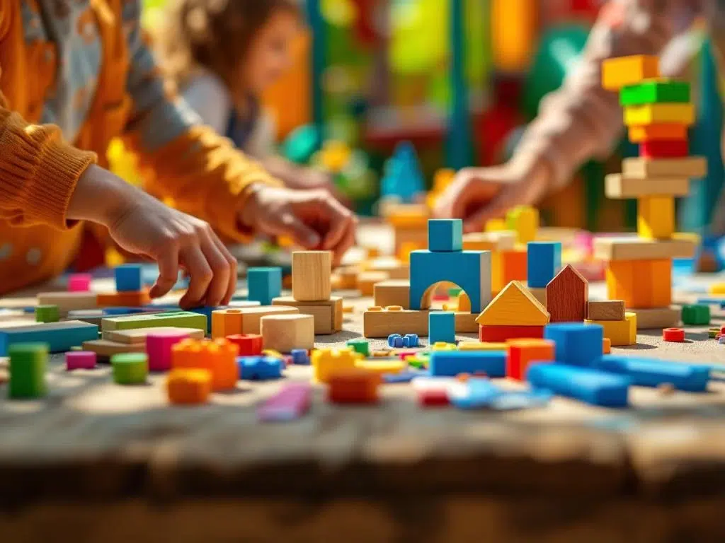 Kinderen spelen creatief met houten blokken en knutselmateriaal op tafel in interactief ontdekkingscentrum