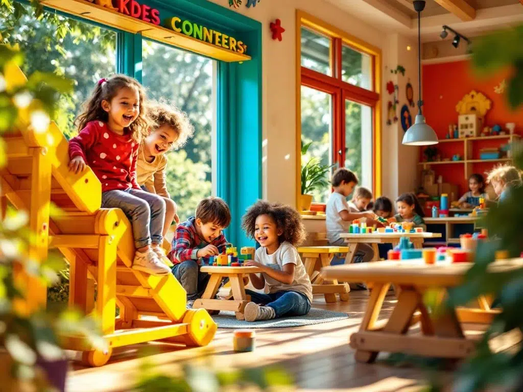 Kinderen spelen op kleurrijke houten speeltoestellen buiten en bouwen binnen aan tafels in interactief speelcentrum