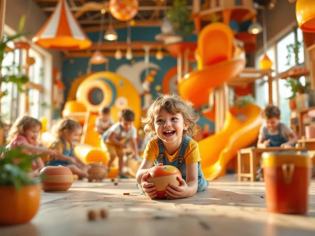 Kinderen spelen vrolijk in kleurrijke indoor speeltuin met houten klimtoestellen en knutselwerkplaatsen
