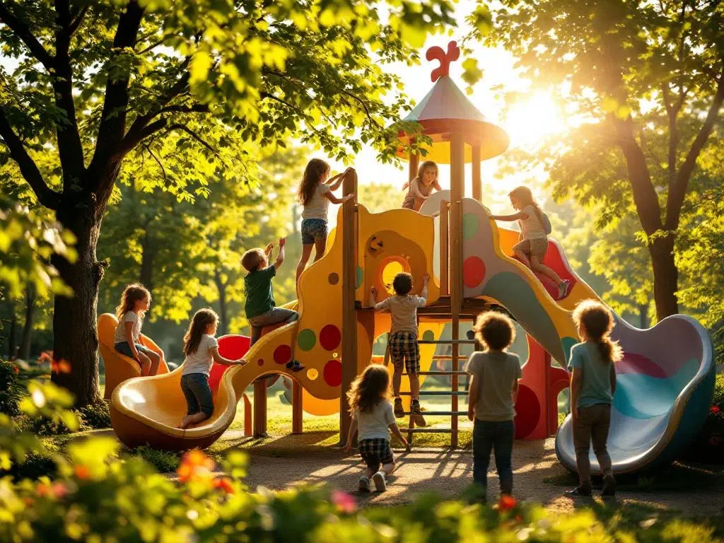 Kinderen spelen op kleurrijke speeltoestellen in weelderig park in Gelderland met gouden zonlicht door bomen