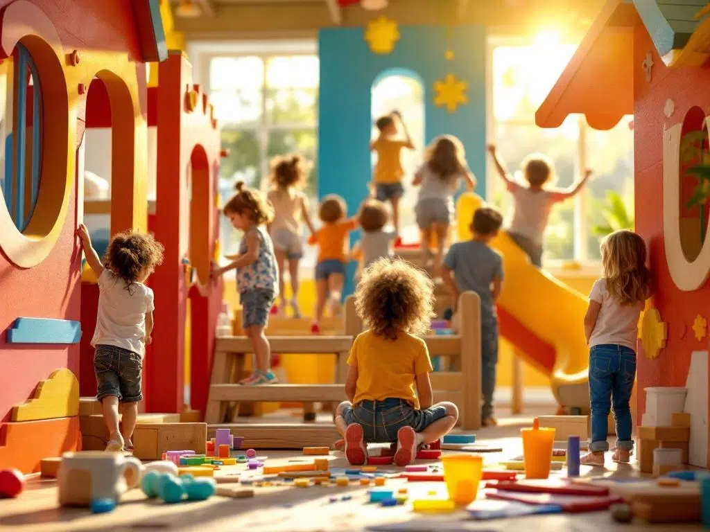 Kinderen spelen op kleurrijke speeltoestellen in een heldere binnen-buitenspeelruimte met creatieve materialen