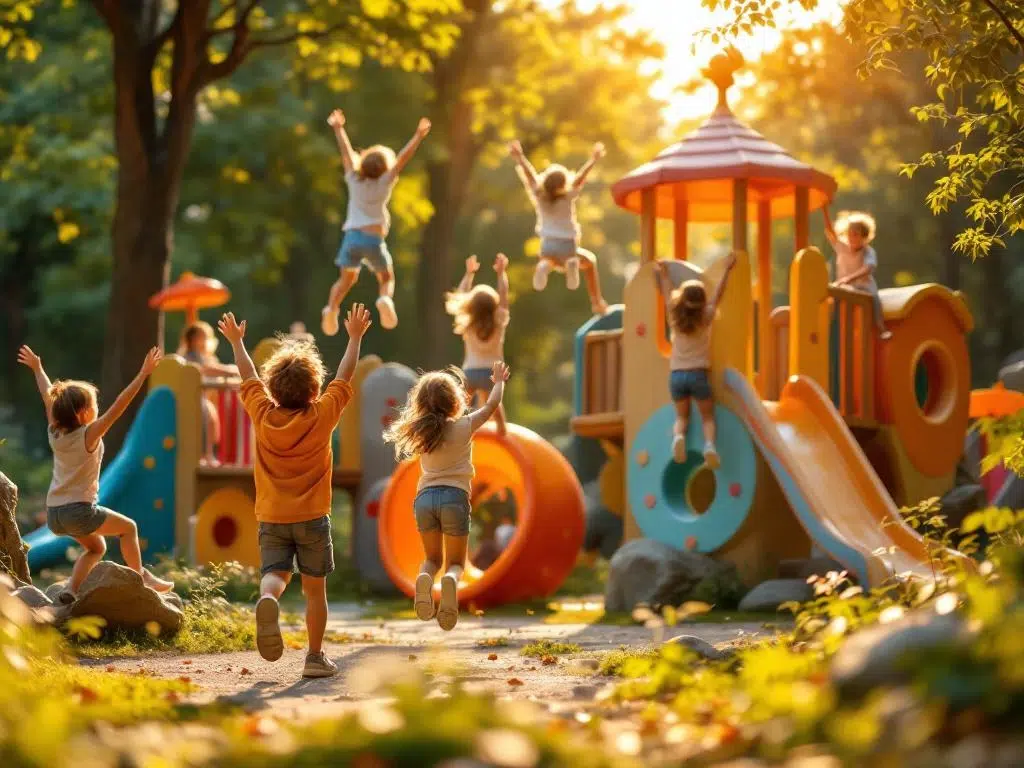 Vrolijke kinderen spelen op kleurrijke speeltoestellen in bosrijke omgeving bij het Veluwse bos op zonnige dag