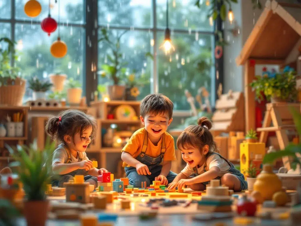 Vrolijke kinderen spelen binnen met kleurrijk speelgoed en houten blokken terwijl het buiten regent
