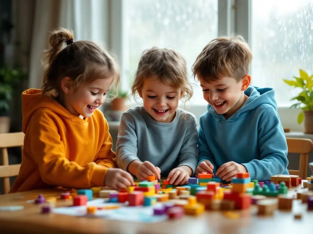 Drie kinderen spelen met houten blokken en knutselmateriaal aan tafel tijdens regenachtige dag binnenshuis