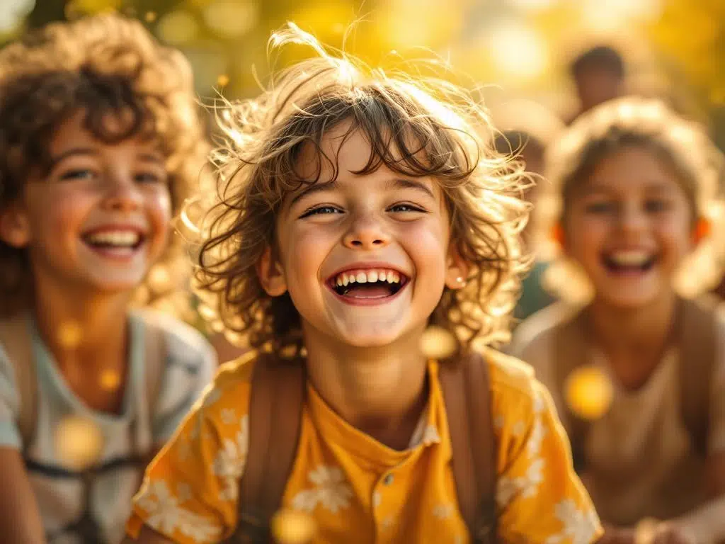 Vrolijke kinderen lachen en spelen samen buiten in warme natuurlijke verlichting met familie