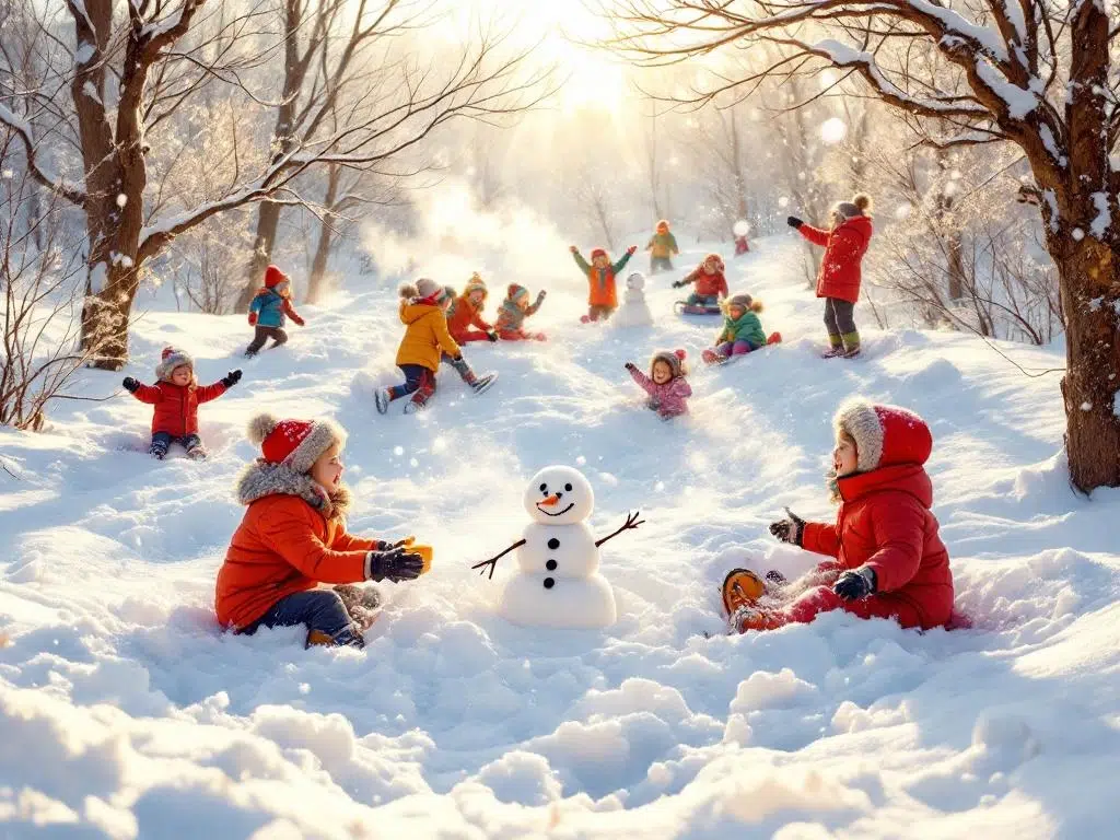 Kinderen spelen vrolijk in de sneeuw, bouwen sneeuwpoppen en gaan sleeën in zonnig winterlandschap