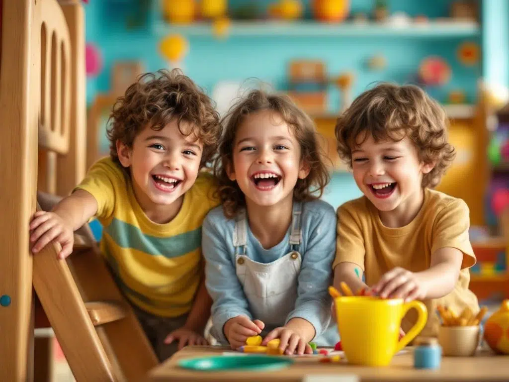 Drie vrolijke kinderen spelen samen in kleurrijke indoor speelruimte met glijbaan en knutselstation
