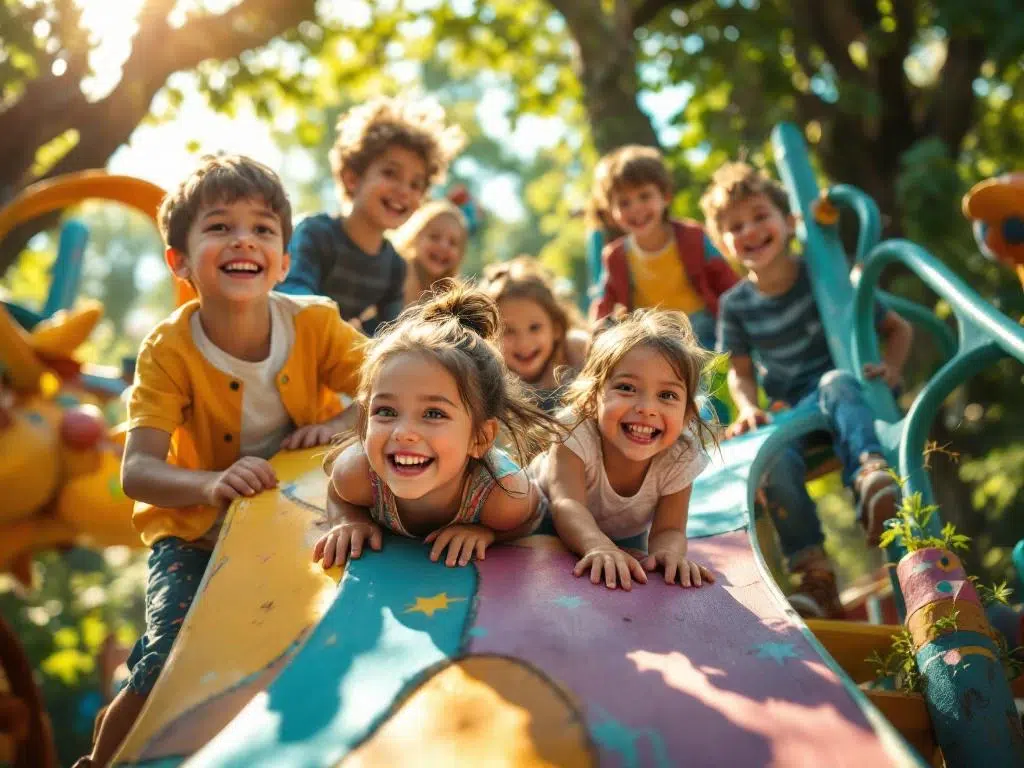 Vrolijke kinderen spelen op kleurrijke artistieke speeltoestellen in een zonnige buitenspeeltuin