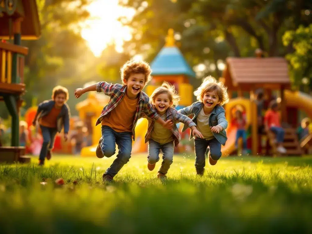 Vrolijke kinderen spelen op kleurrijke houten speeltoestellen in zonnige buitenspeeltuin met groene grasmat