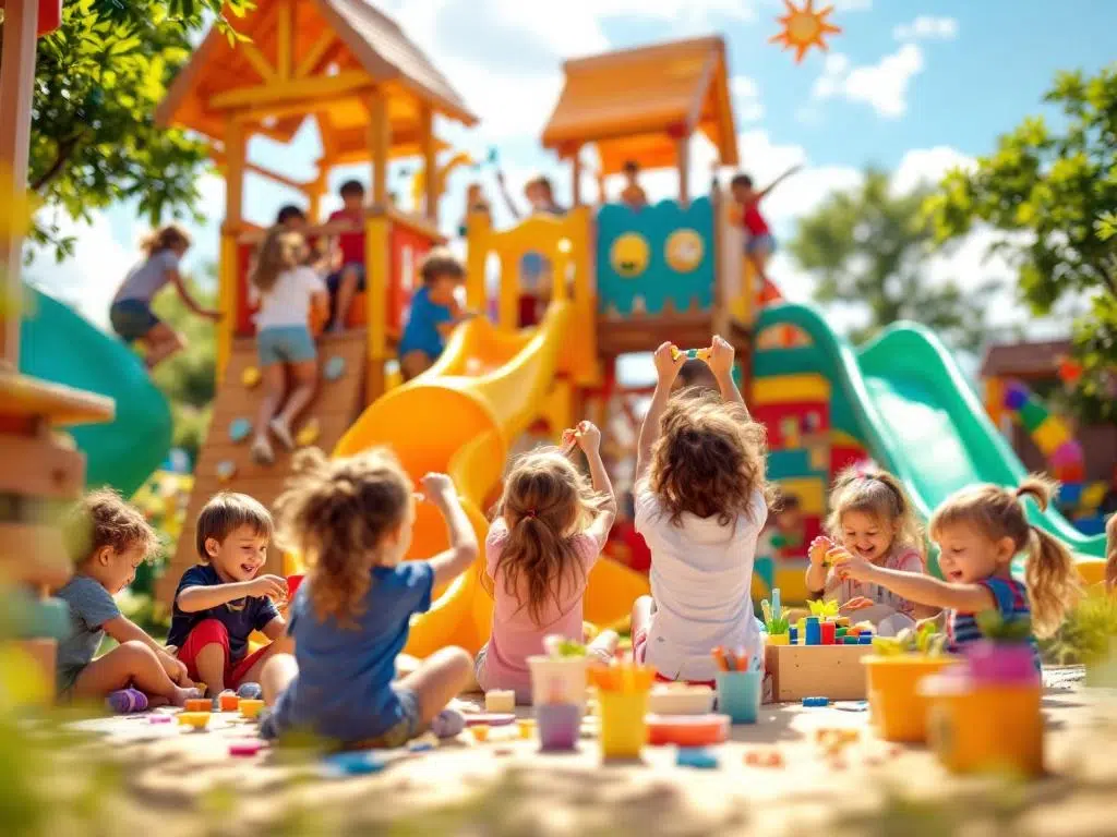 Kinderen spelen vrolijk op kleurrijke speeltoestellen in een zonnige buitenspeelplaats met houten klimrekken en glijbanen