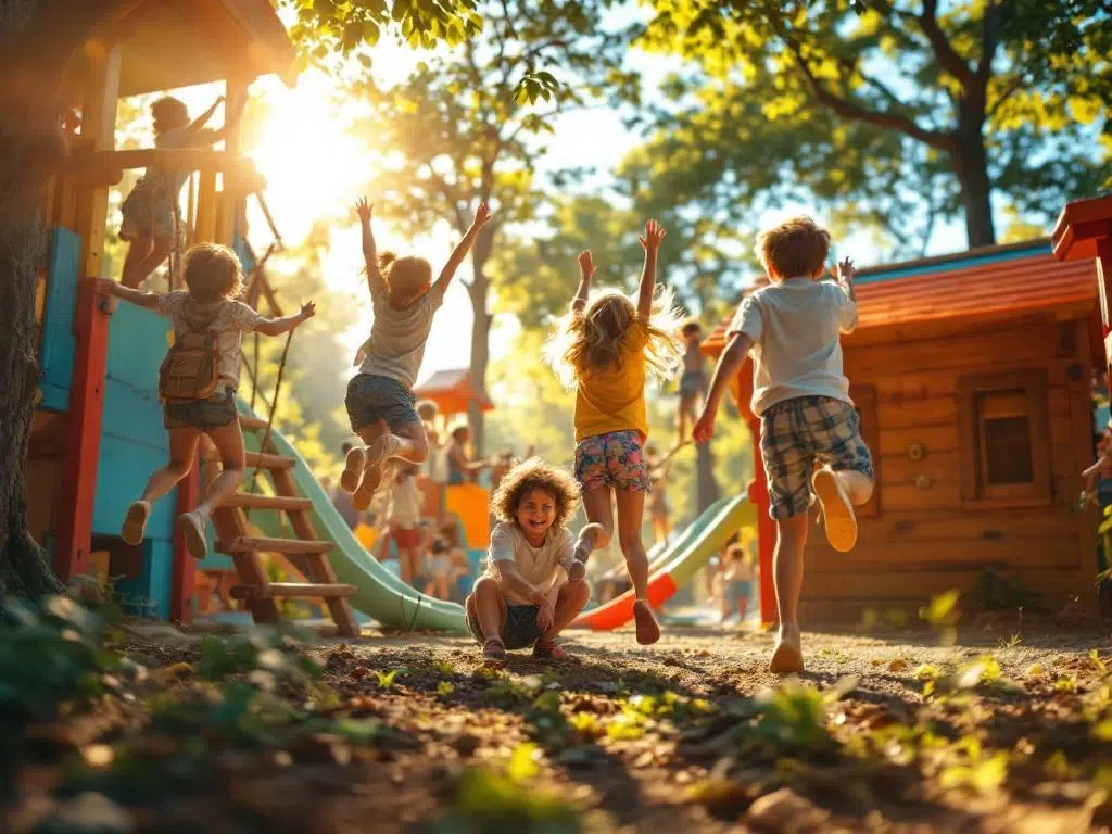Kinderen spelen vrolijk op kleurrijke houten speeltoestellen in een zonnige buitenspeeltuin met klimrekken en glijbanen.