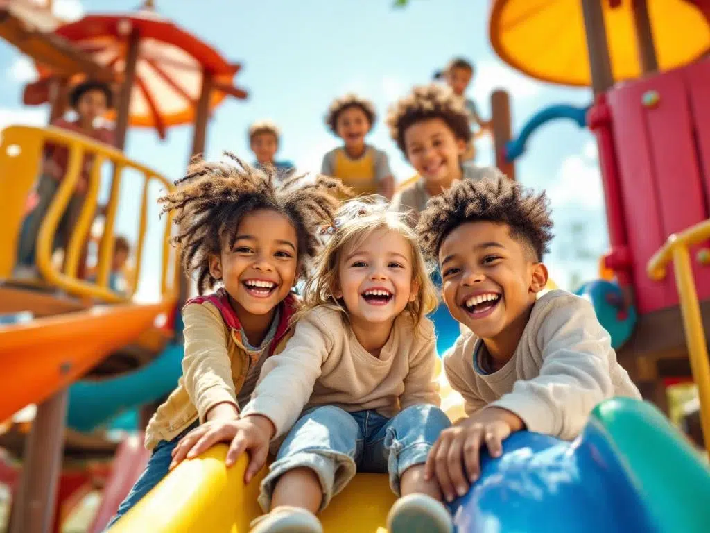 Diverse kinderen spelen vrolijk samen op kleurrijke speeltoestellen in zonlicht, klimmend en glijdend met plezier