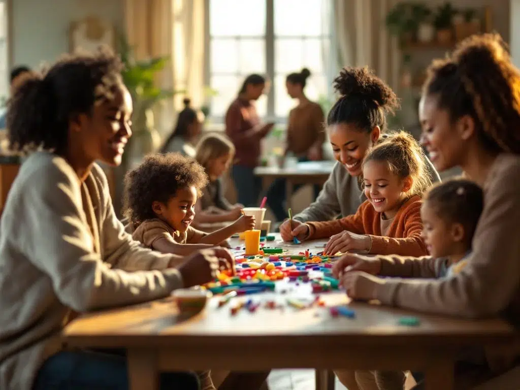 Diverse alleenstaande ouders en kinderen doen samen knutselactiviteiten aan houten tafel in gemeenschapscentrum