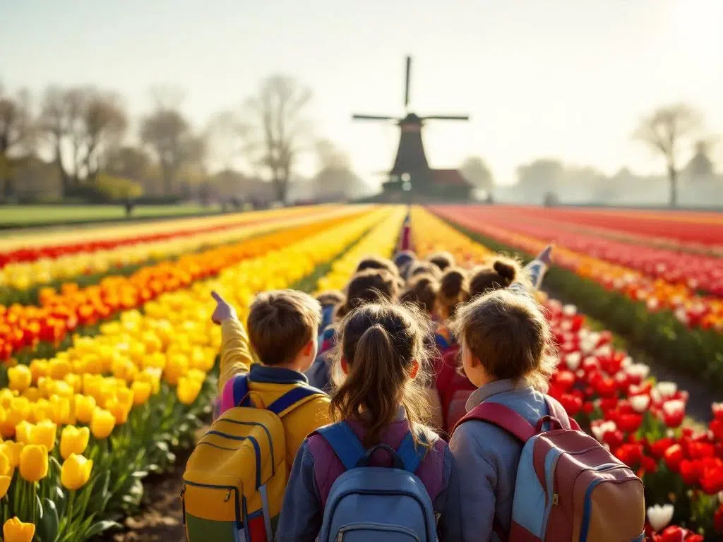 Nederlandse schoolkinderen met kleurrijke rugzakken wijzen enthousiast naar tulpenvelden in Keukenhof met windmolen