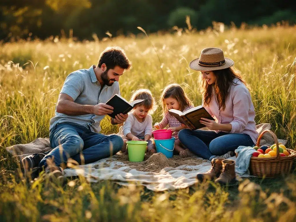 Familie picknickt in zonnige weide, kinderen bouwen zandkastelen terwijl ouders lezen, gouden uurtje sfeer