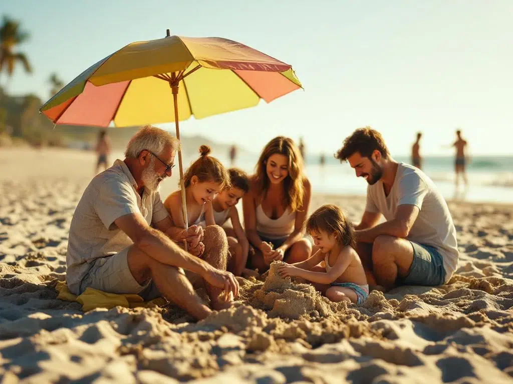 Multigenerationele familie geniet van strandvakantie: grootouders onder parasol, ouders bouwen zandkastelen met kinderen