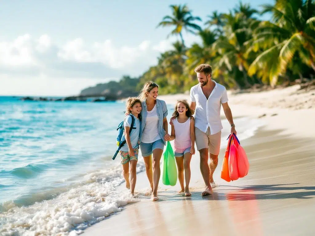 Familie van vier generaties loopt samen op tropisch strand met snorkeluitrusting bij zonsondergang