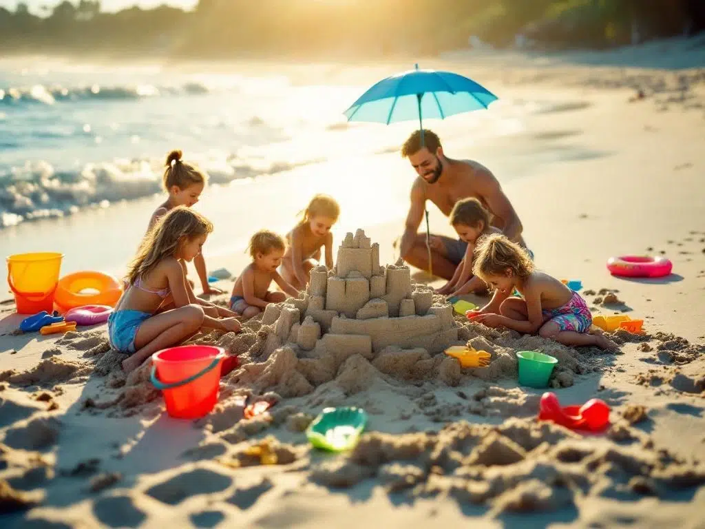 Familie kinderen bouwen zandkasteel op strand met kleurrijk speelgoed, ouders helpen onder parasol bij zee