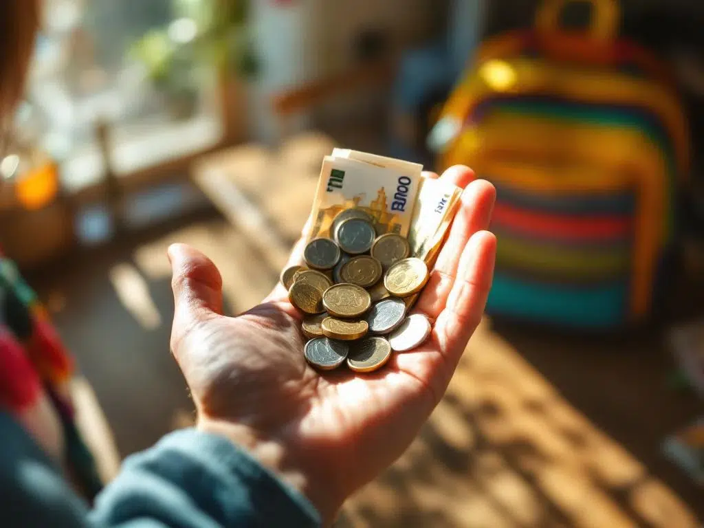Kind houdt euromunten en bankbiljetten in open hand naast schooltas op keukentafel in ochtendlicht