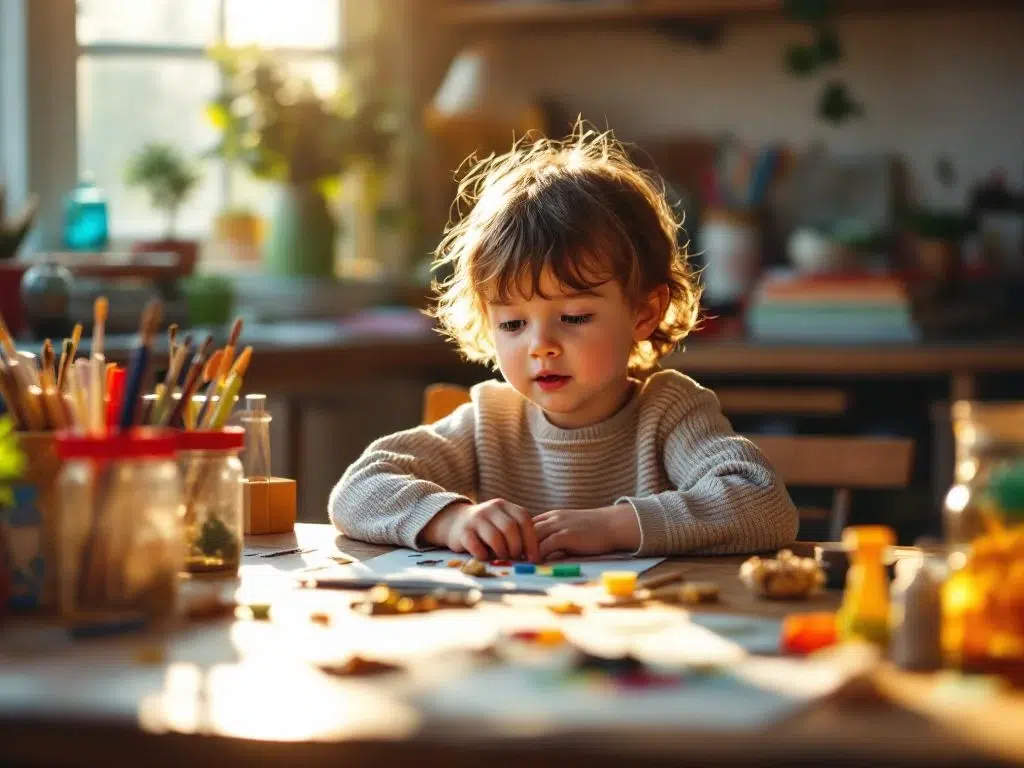 Kind concentreert zich op hands-on leren aan houten tafel met kleurrijke educatieve materialen in warm zonlicht