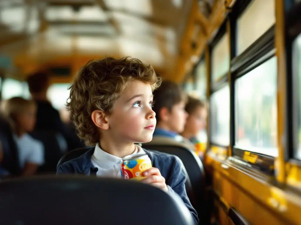 Kind met frisdrank blikje in schoolbus kijkt peinzend uit raam, andere leerlingen op achtergrond in warme middaglicht