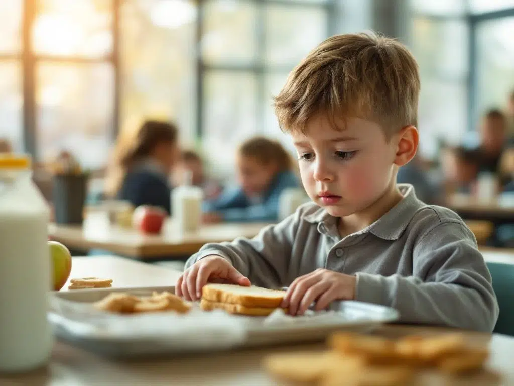 Kind kijkt bezorgd naar pindakaasboterham aan schoolcafetariatafeltje met melk, appel en crackers op dienblad
