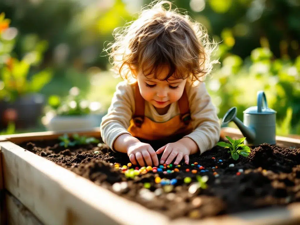 Kind plant kleurrijke zaden in donkere aarde in houten tuinbak, gieter en tuingereedschap ernaast in zonlicht