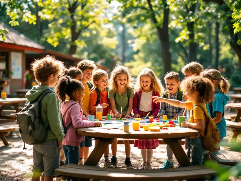 Diverse basisschoolkinderen kiezen tussen activiteiten bij natuurcentrum op zonnige dag, met wandelpaden en materialen