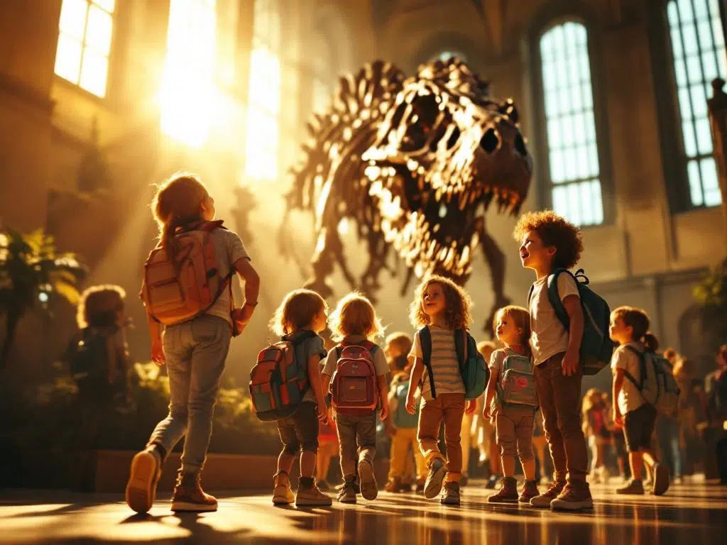 Basisschoolkinderen bekijken vol verwondering een groot dinosaurusskelet in een natuurhistorisch museum
