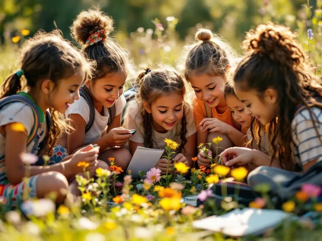 Diverse basisschoolkinderen onderzoeken wilde bloemen en insecten met vergrootglazen tijdens natuurles in zonnige weide