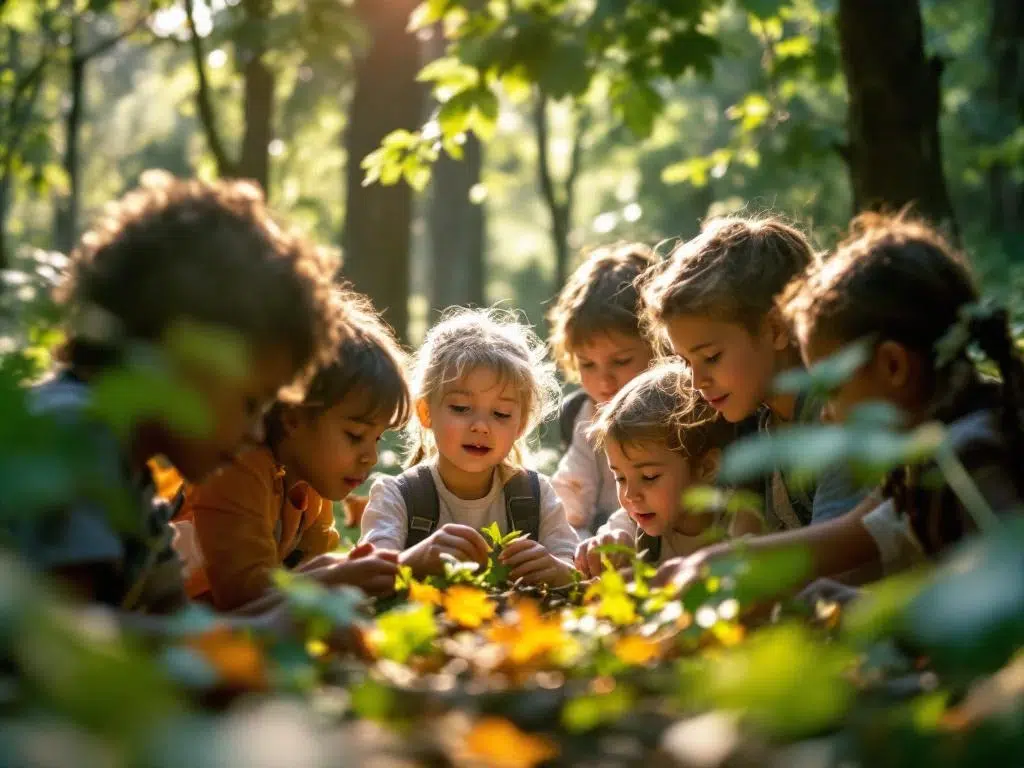 Diverse basisschoolkinderen verkennen de natuur met vergrootglazen en bouwen samen een hut onder begeleiding van leraar