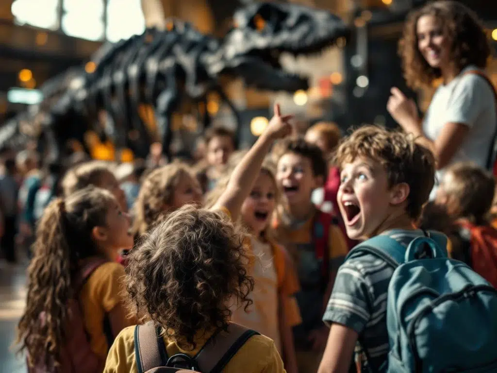 Basisschoolkinderen bekijken vol verbazing een groot dinosaurusskelet in natuurhistorisch museum tijdens educatief uitje