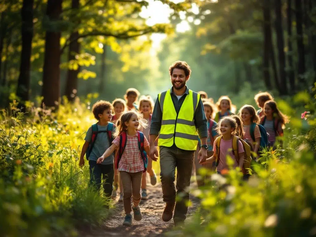 Basisschoolkinderen wandelen met leraar in gele veiligheidsvest over bospad tijdens natuurexcursie