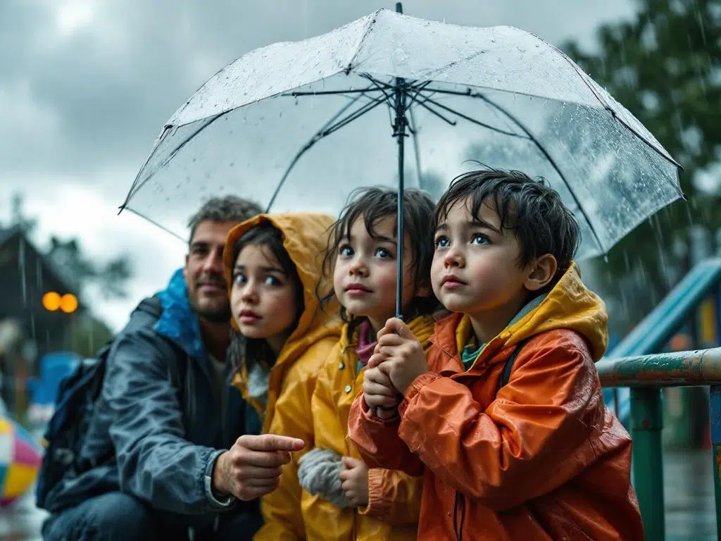 Groep basisschoolkinderen onder transparante paraplu met leraar die naar binnen wijst tijdens zware regenval