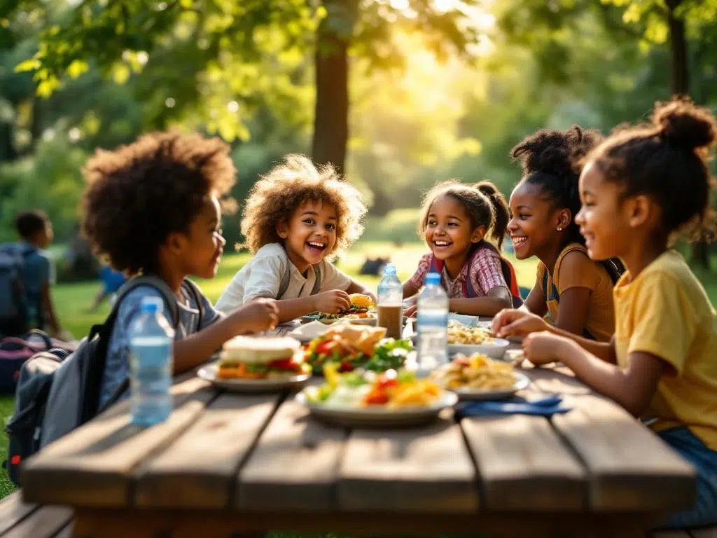 Diverse groep kinderen geniet van verschillende maaltijden aan houten picknicktafel tijdens schooluitje in de buitenlucht