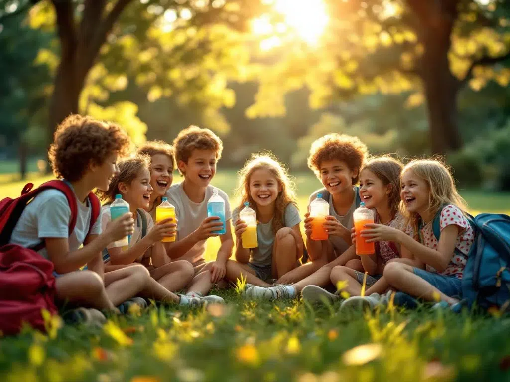 Vrolijke schoolkinderen zitten in cirkel op gras met kleurrijke drinkflessen tijdens schoolreisje in natuurlijke omgeving