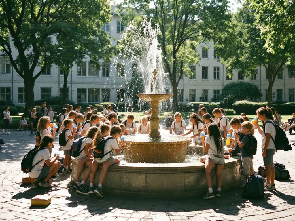 Schoolkinderen drinken water uit fontein op binnenplaats tijdens schooluitstapje, rugzakken en lunchboxen op grond