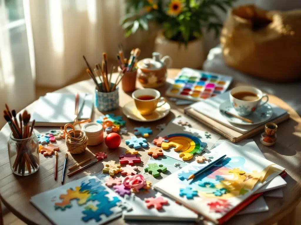 Koffietafel met creatieve vakantieactiviteiten: schildermateriaal, puzzel, knutselprojecten en theekopje in zonnig licht
