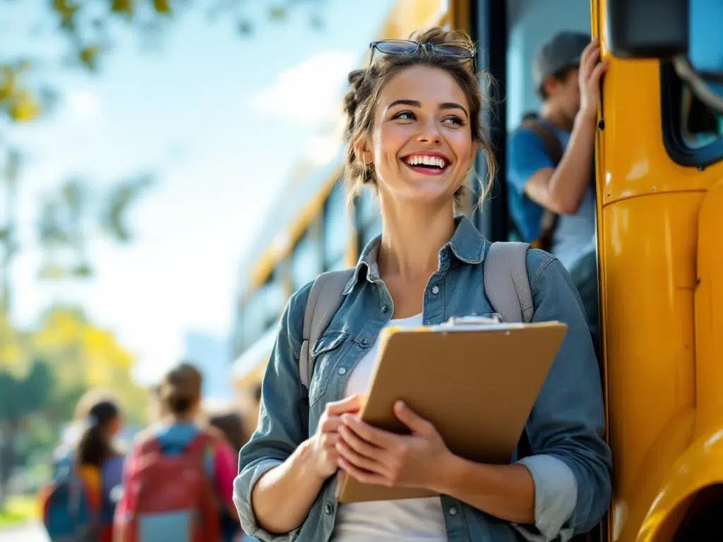 Leraar met klembord naast gele schoolbus terwijl kinderen met rugzakken instappen op zonnige ochtend