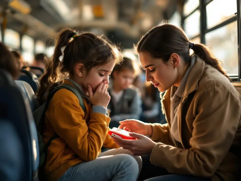Bezorgde leraar knielt naast zieke leerling op schoolbus, houdt EHBO-kit vast en legt troostende hand op schouder