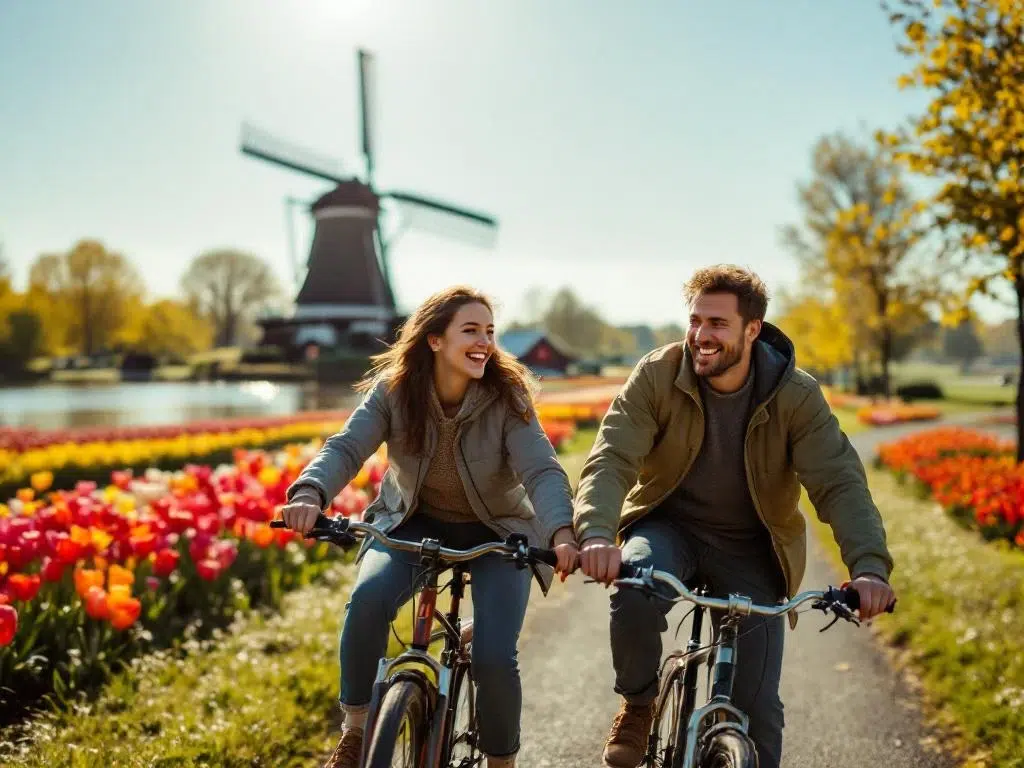 Nederlandse familie fietst samen langs kanaal met windmolen en tulpenvelden op achtergrond in gouden zonlicht