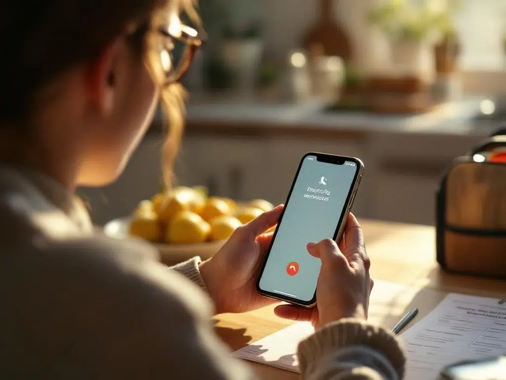 Bezorgde ouder met smartphone aan keukentafel, schooltoestemmingsformulier en lunchtas zichtbaar, natuurlijk licht
