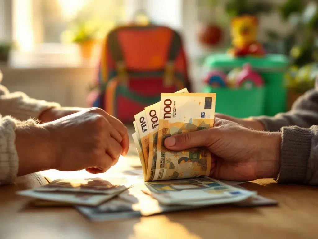 Ouder telt eurobiljetten op keukentafel met schooltas en lunchbox op achtergrond in ochtendlicht