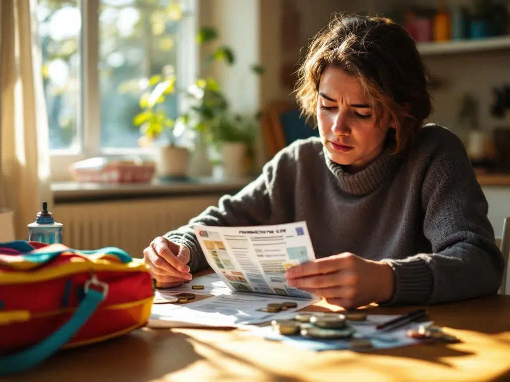 Ouder telt eurobiljetten en munten aan keukentafel naast schoolreisformulier en kleurrijke schooltas in warm zonlicht