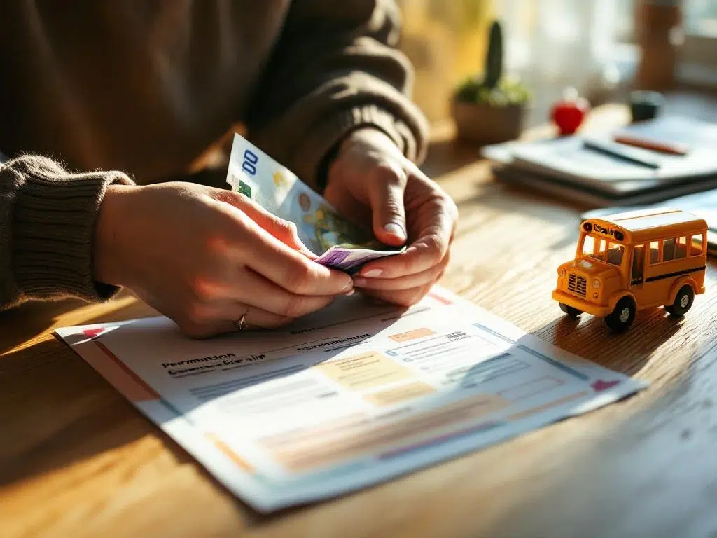 Ouder telt eurobiljetten op keukentafel naast schoolreistoestemmingsformulier en speelgoedbus in ochtendlicht