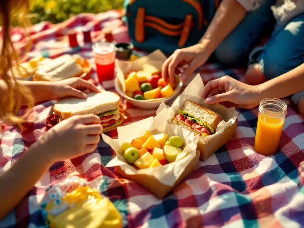 Kleurrijke picknick lunch met boterhammen, fruit en sapjes op geruite deken, kinderen pakken eten in zonlicht
